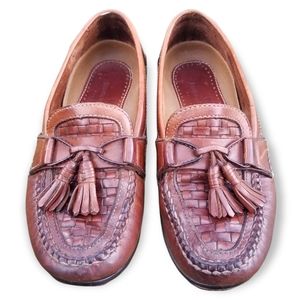 Men's sz 8 woven leather Johnston & Murphy basketweave tasseled loafers